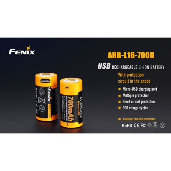 Fenix batteria 16340 3.7v 700mha ricaricabile tramite micro usb