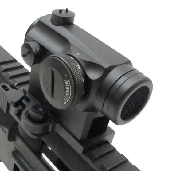 JJ airsoft ottica T043 mini red dot con estensione e Killflash (nera)