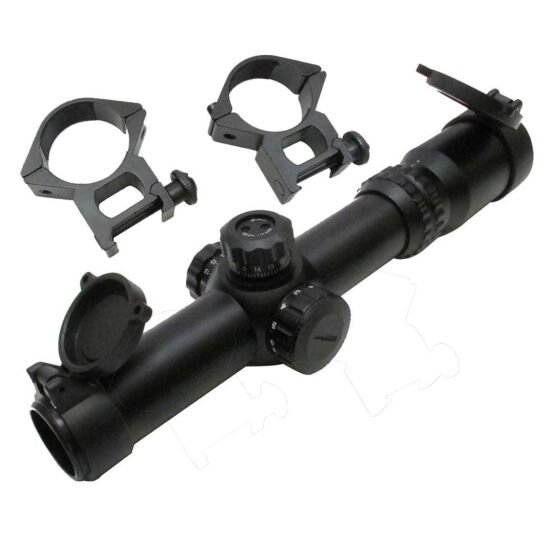 JJ airsoft ottica LPVO 1-4x24 con anelli (nera)