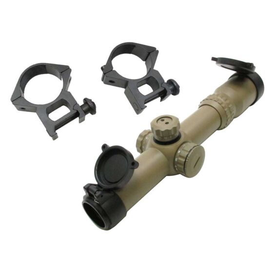 JJ airsoft ottica LPVO 1-4x26 con anelli (tan)
