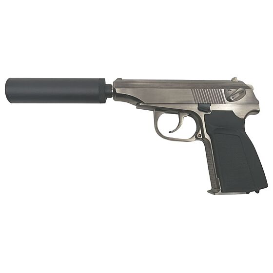 WE Makarov 654K with silencer chorme stainless gas pistol (full metal)