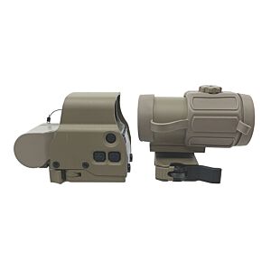 JJ airsoft set holo sight XPS3.2 + ingranditore 3x G43 con anello ribaltabile e flash killer (tan)